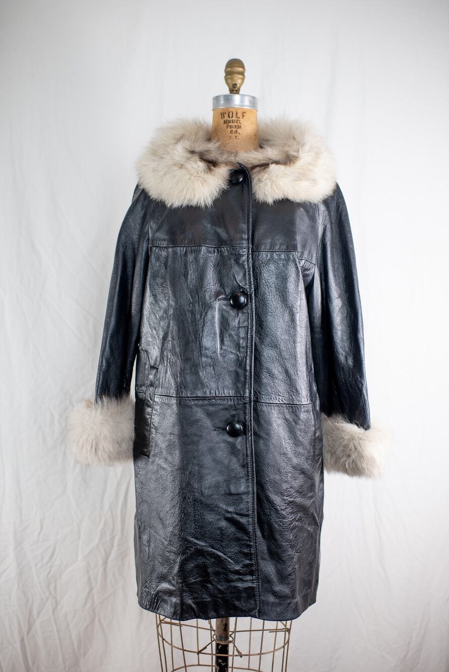 Vintage 70s Black Leather Fox Fur Coat, Mob Wife Luxury Glam Trench, Rocker, S M